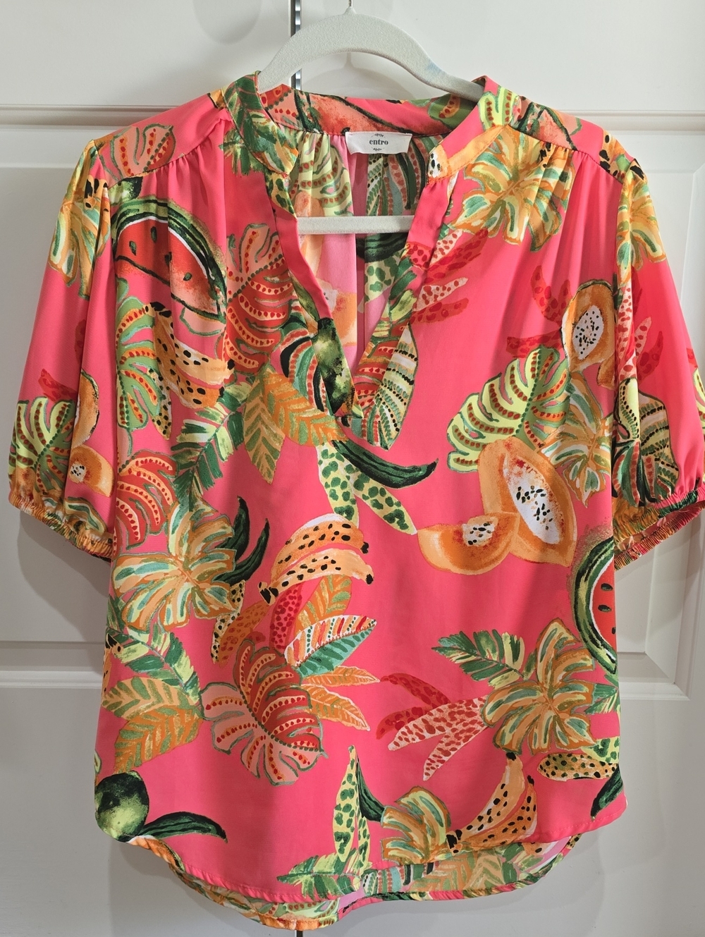 Entro Coral Pink Tropical Fruit Print Short Sleeve Shirt